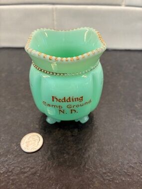 Hedding Camp Ground New Hampshire Green Jadeite Glass Toothpick Holder Vintage